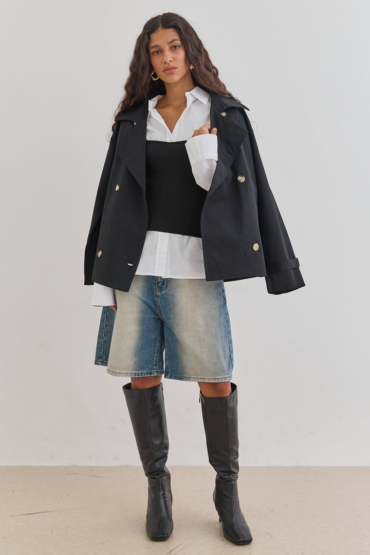 מעיל טראנץ' אלסקה כפתורים מנומרים | שחור