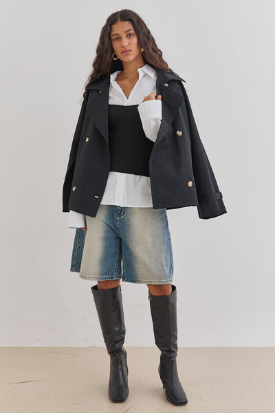 מעיל טראנץ' אלסקה כפתורים מנומרים | שחור