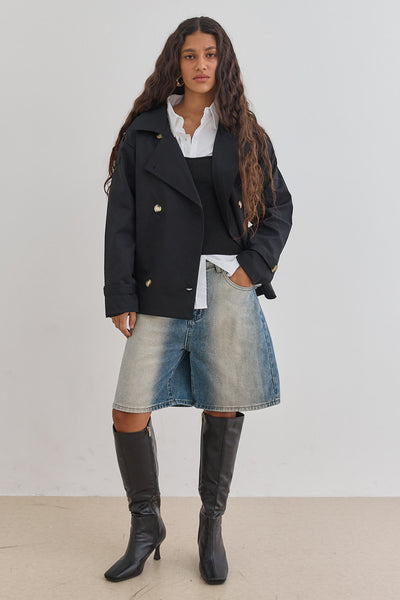 מעיל טראנץ' אלסקה כפתורים מנומרים | שחור