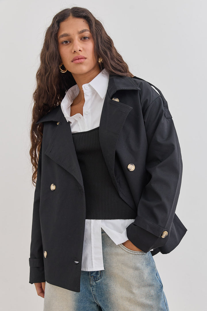 מעיל טראנץ' אלסקה כפתורים מנומרים | שחור
