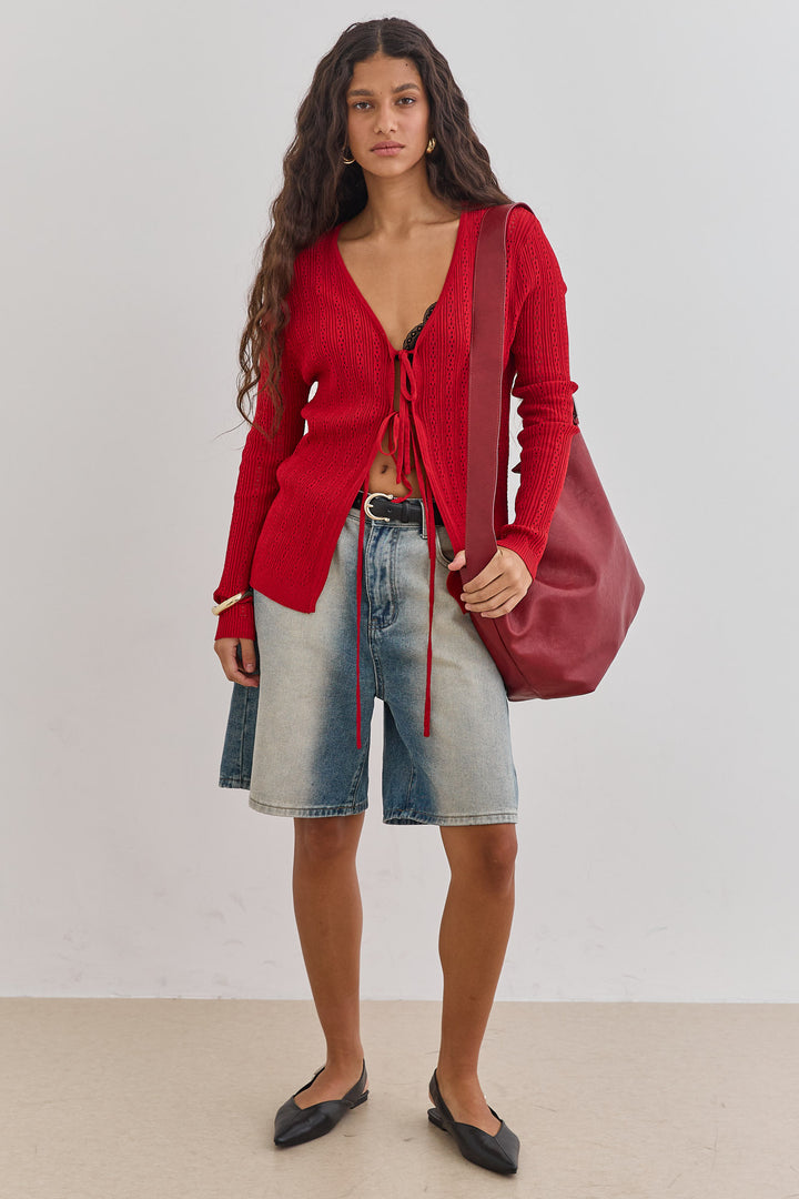 חולצת סריג לאנה בשילוב קשירות | אדום