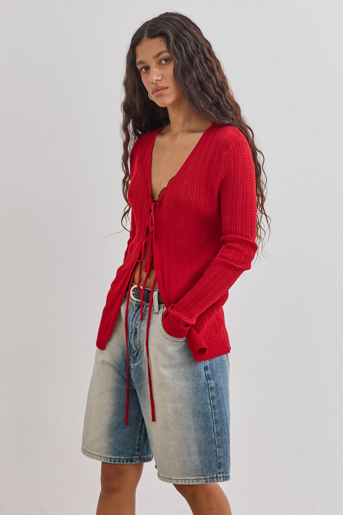 חולצת סריג לאנה בשילוב קשירות | אדום