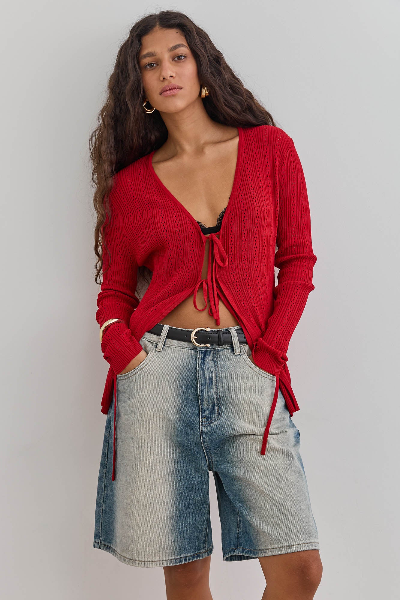 חולצת סריג לאנה בשילוב קשירות | אדום