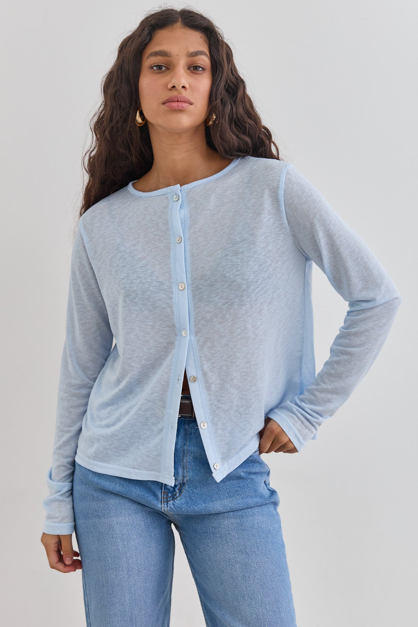 חולצת כפתורים שנדי בד שקפקף |תכלת