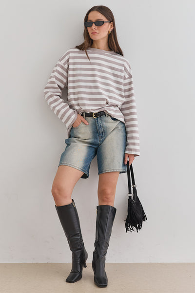 חולצת ליאונרדו סטרייפס גזרת אוברסייז | לבן/אפור