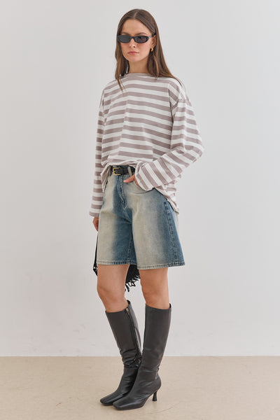 חולצת ליאונרדו סטרייפס גזרת אוברסייז | לבן/אפור