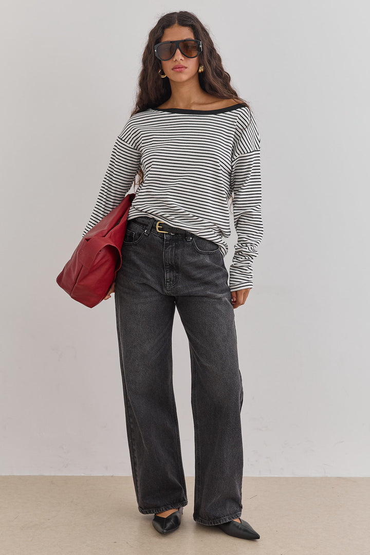 חולצת מרלן סטרייפס צווארון סירה | לבן/שחור