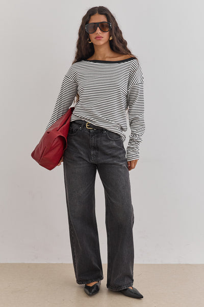 חולצת מרלן סטרייפס צווארון סירה | לבן/שחור