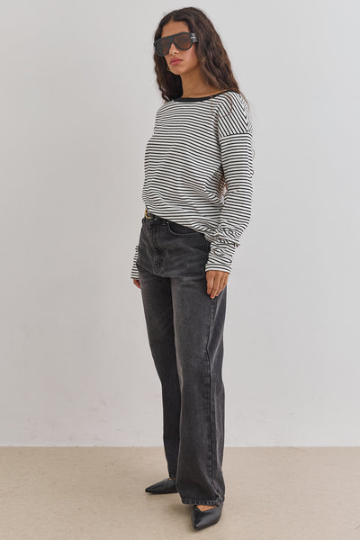 חולצת מרלן סטרייפס צווארון סירה | לבן/שחור