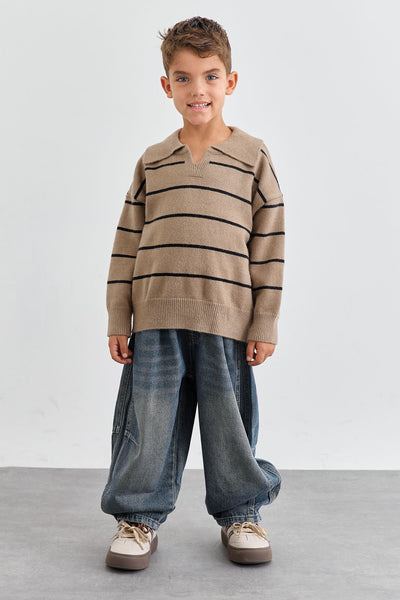 סריג צווארון סטרייפס גזרת אוברסייז | ירוק