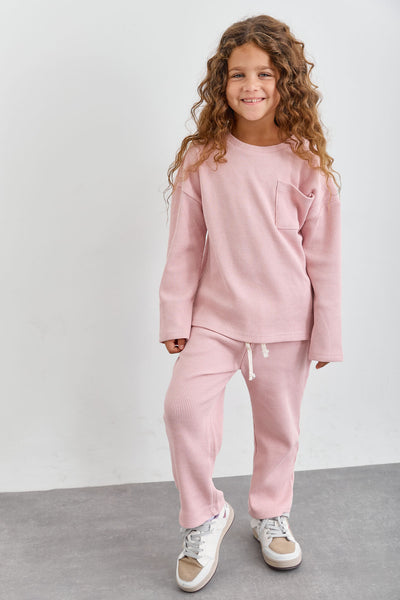 חליפת קים בד וופל בשילוב רקמת לוגו | ורוד