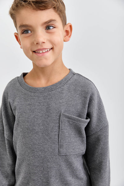 חליפת קים בד וופל בשילוב רקמת לוגו | אפור כהה