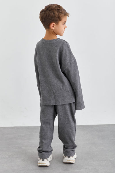 חליפת קים בד וופל בשילוב רקמת לוגו | אפור כהה