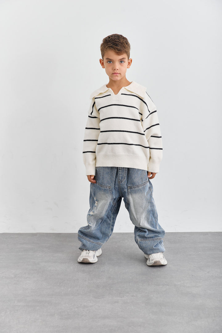 סריג צווארון סטרייפס גזרת אוברסייז | שמנת