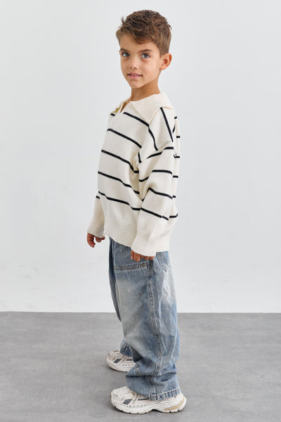 סריג צווארון סטרייפס גזרת אוברסייז | שמנת