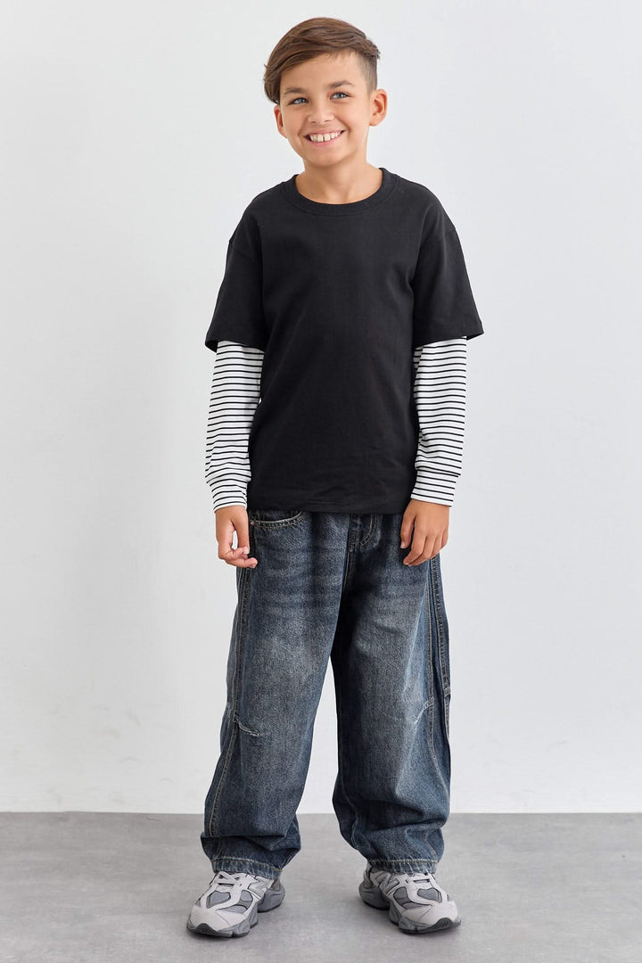 טי אוברסייז שרוולי סטרייפס | שחור