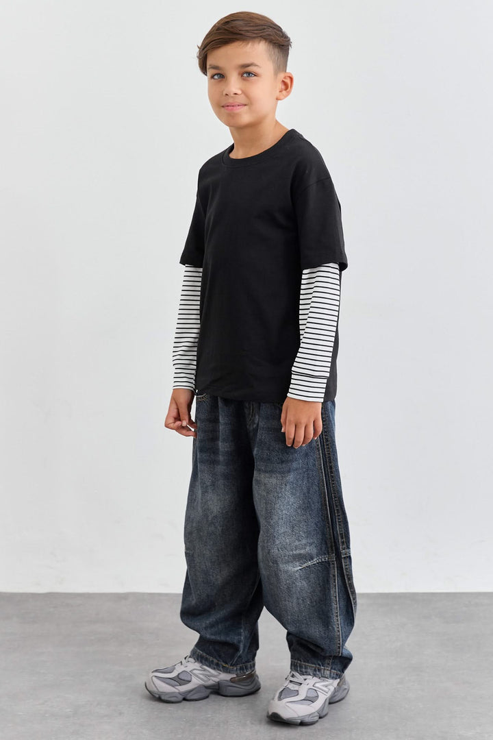 טי אוברסייז שרוולי סטרייפס | שחור