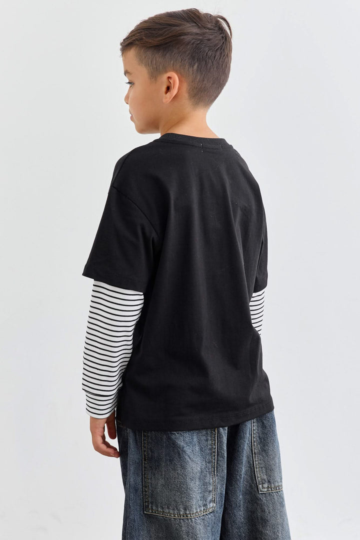 טי אוברסייז שרוולי סטרייפס | שחור