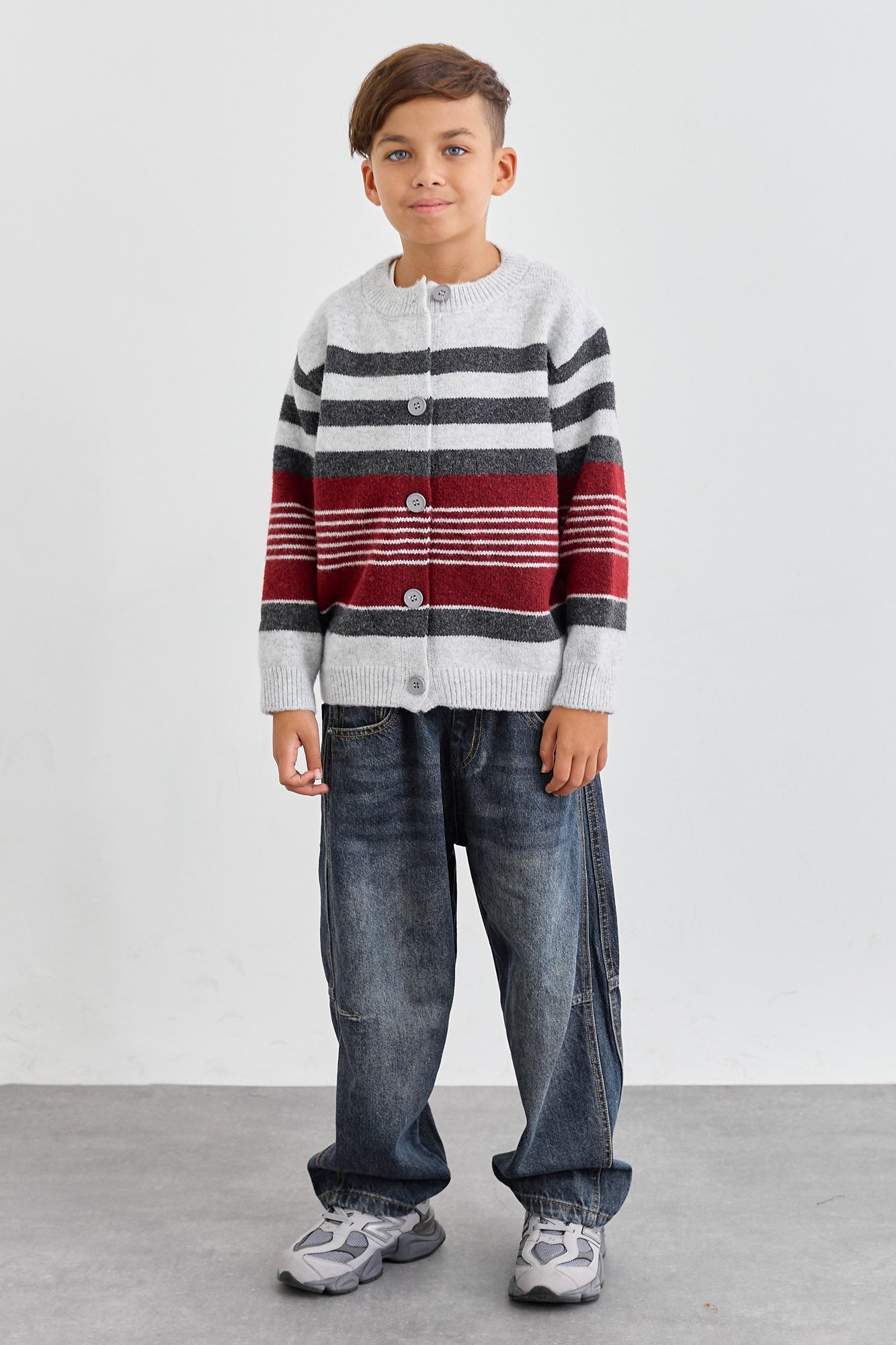 סריג סטרייפס סגירת כפתורים | אפור