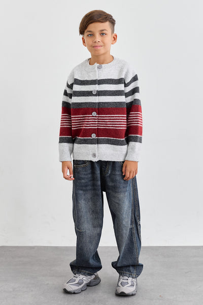 סריג סטרייפס סגירת כפתורים | אפור