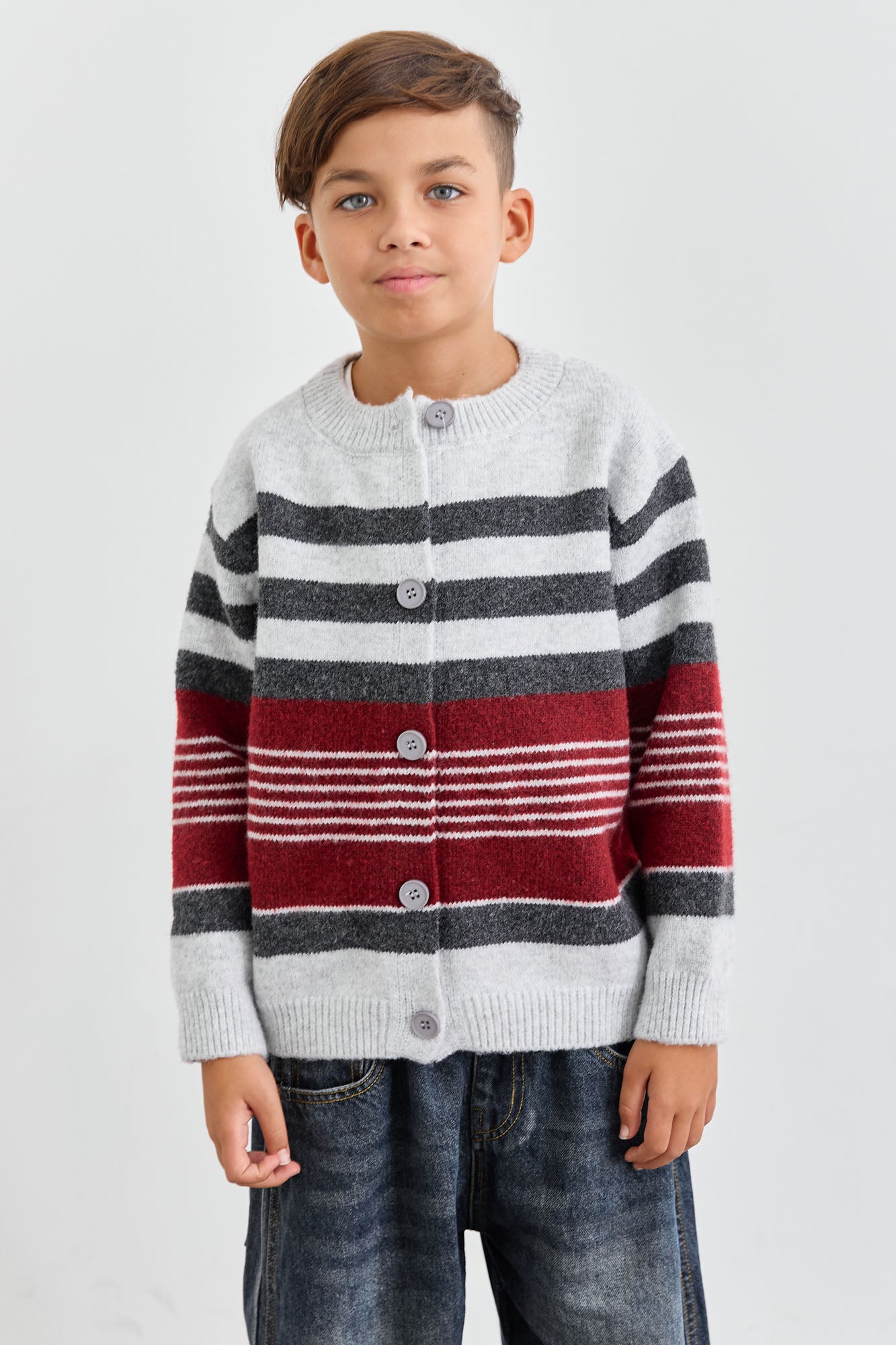 סריג סטרייפס סגירת כפתורים | אפור