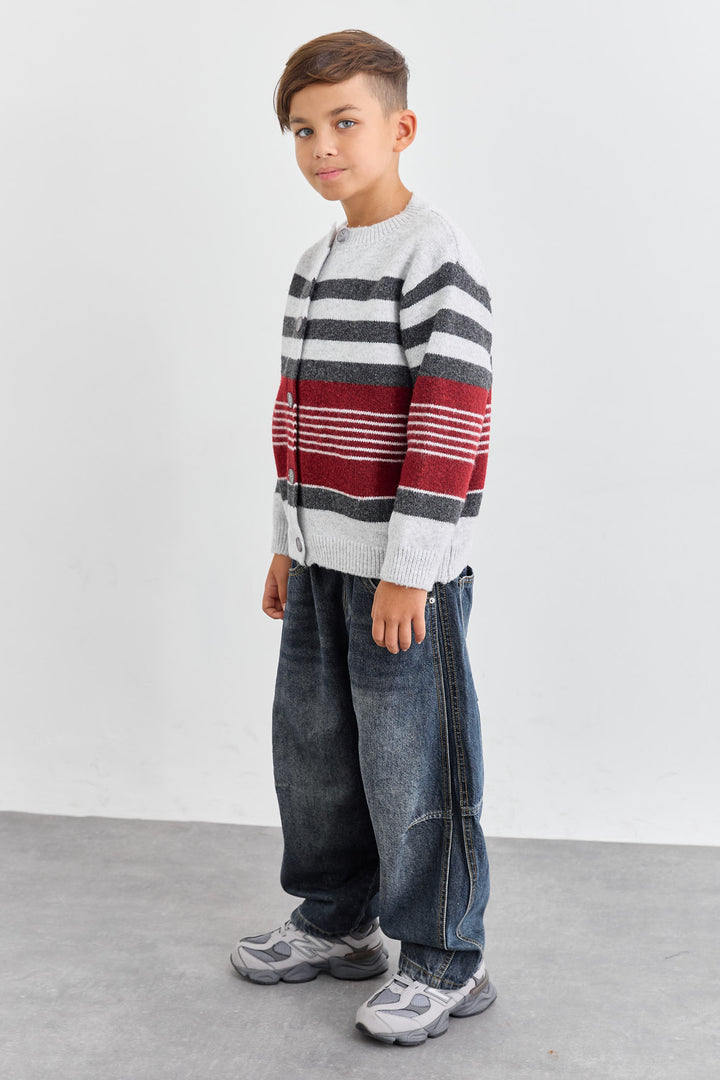 סריג סטרייפס סגירת כפתורים | אפור