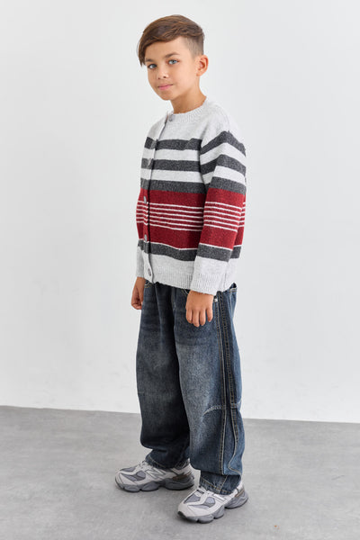 סריג סטרייפס סגירת כפתורים | אפור