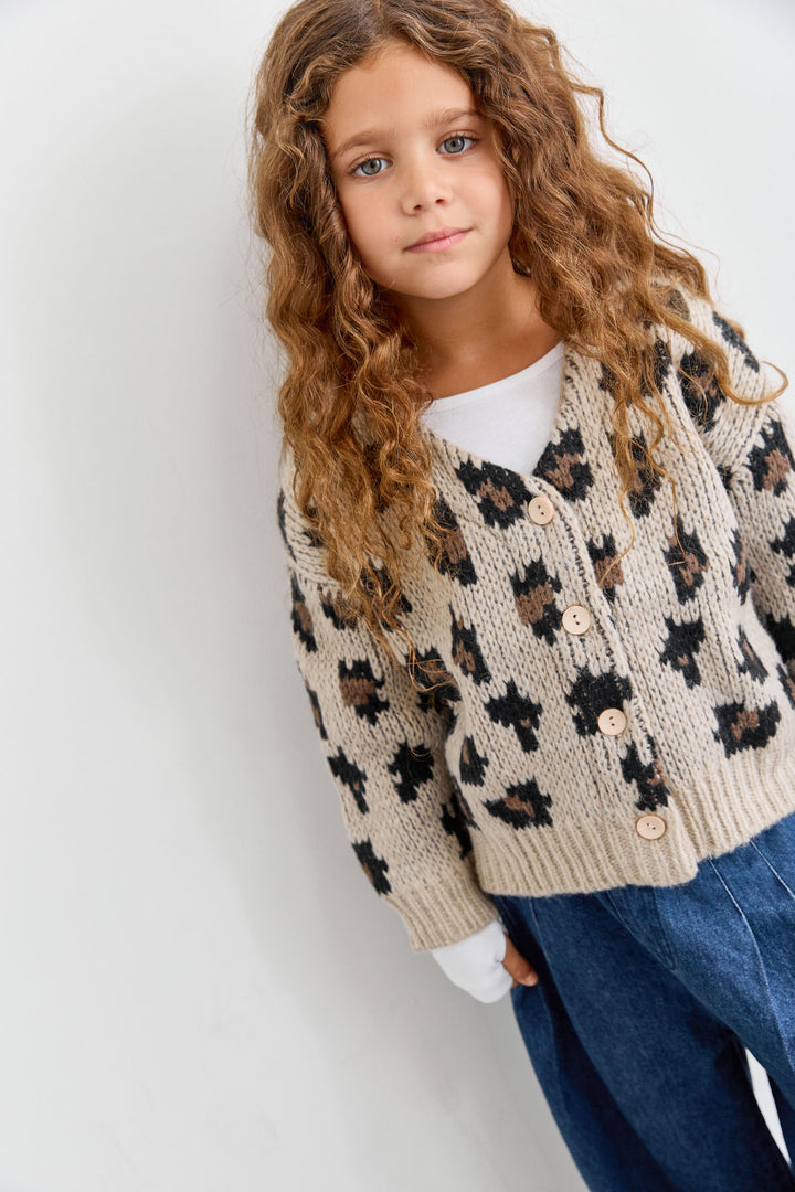 סריג אנימל פרינט סגירת כפתורים | אפור