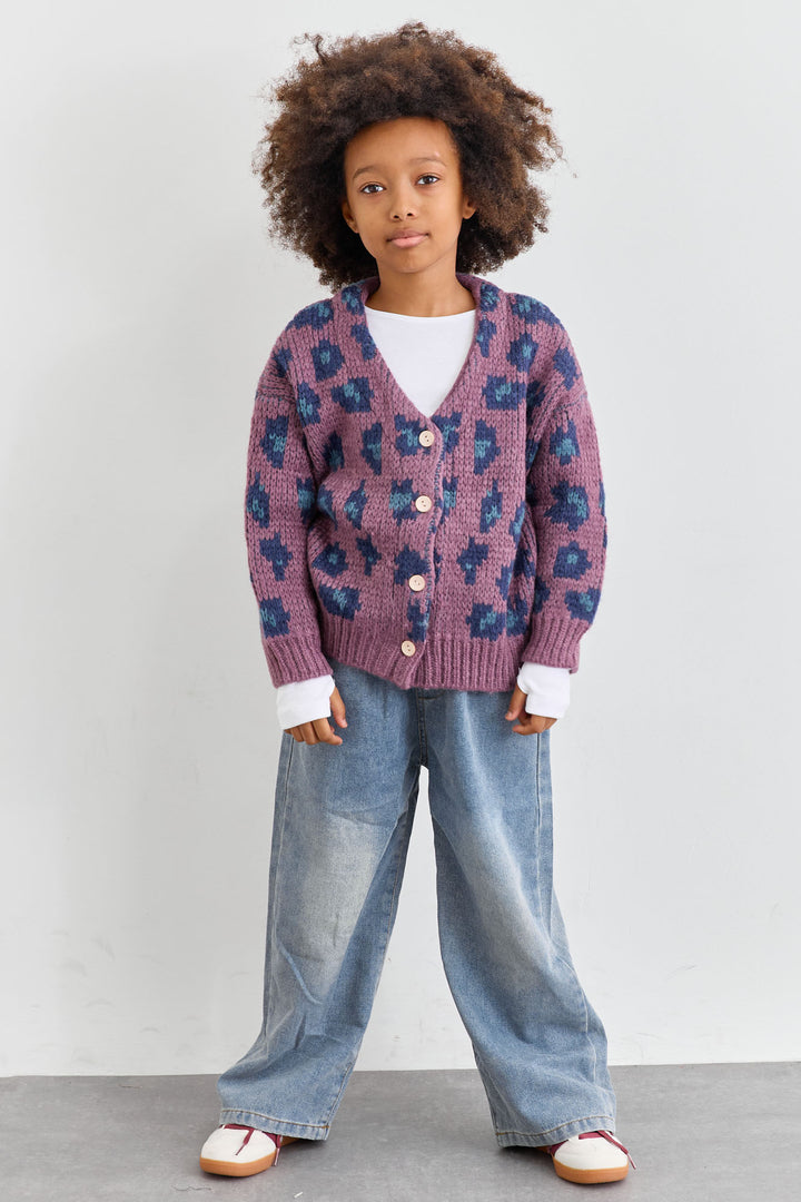 סריג אנימל פרינט סגירת כפתורים | סגול