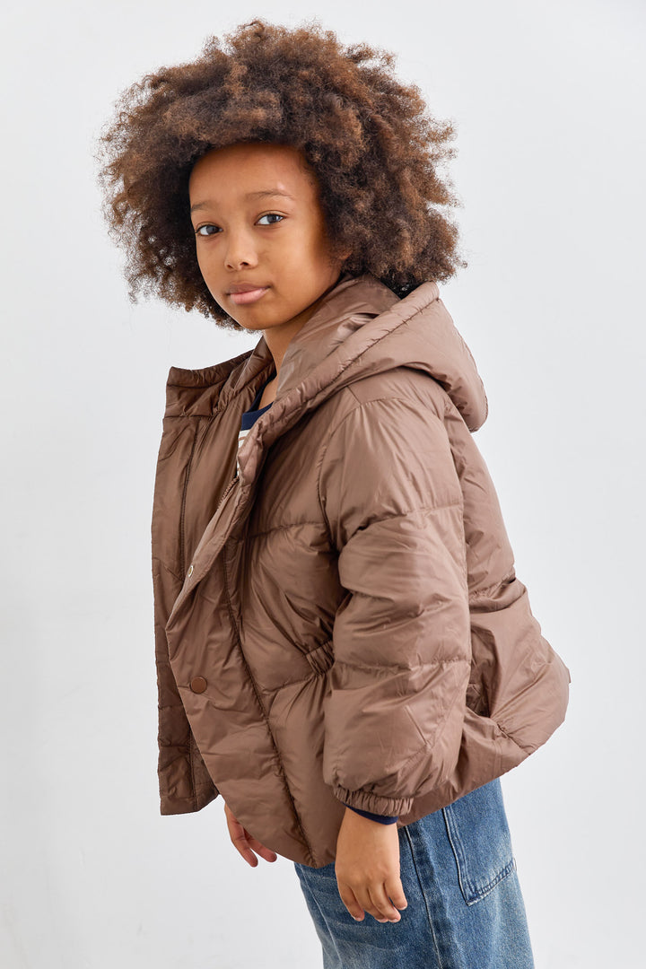 מעיל פוף בשילוב קפוצ'ון | חום