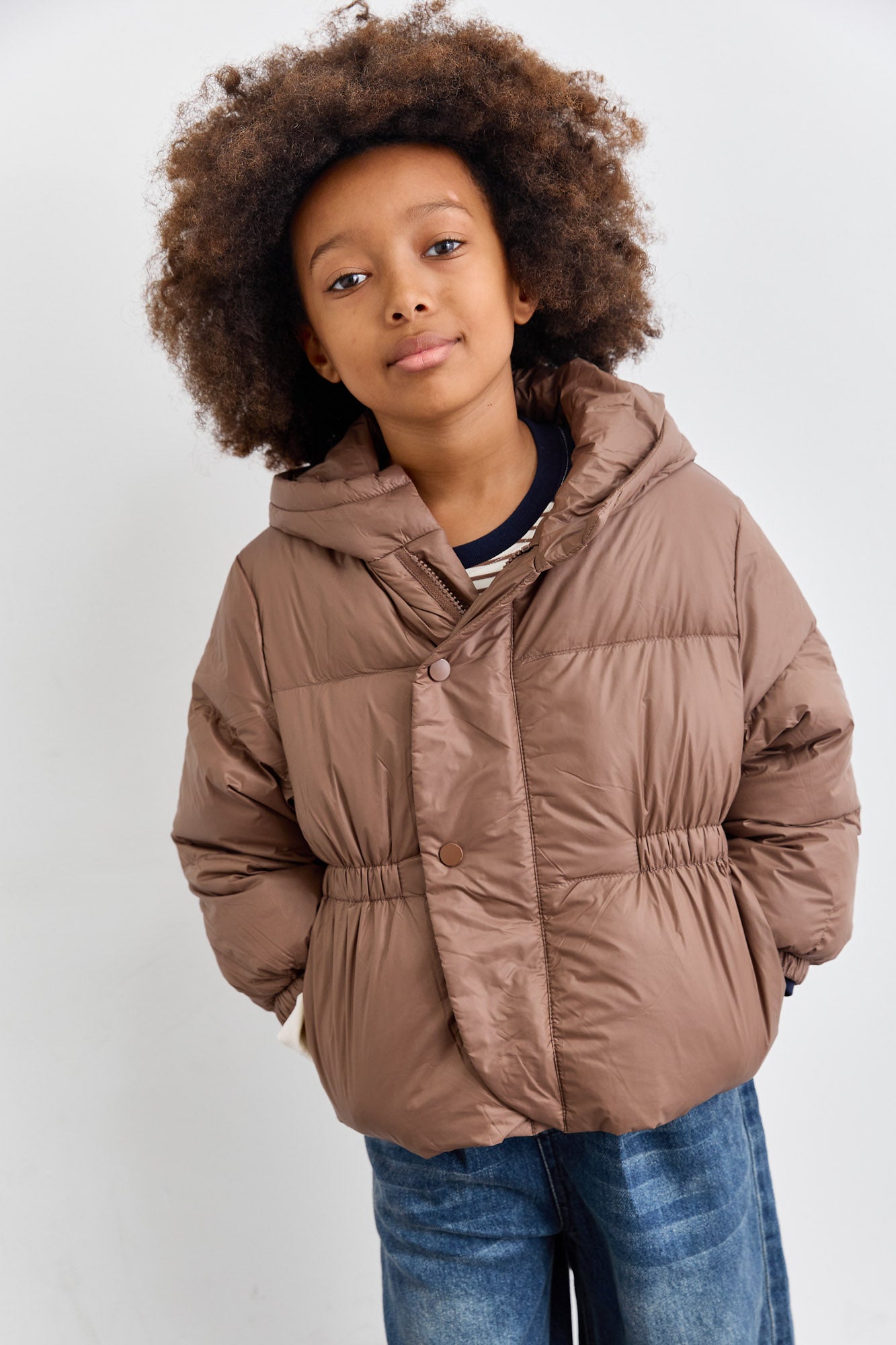 מעיל פוף בשילוב קפוצ'ון | חום