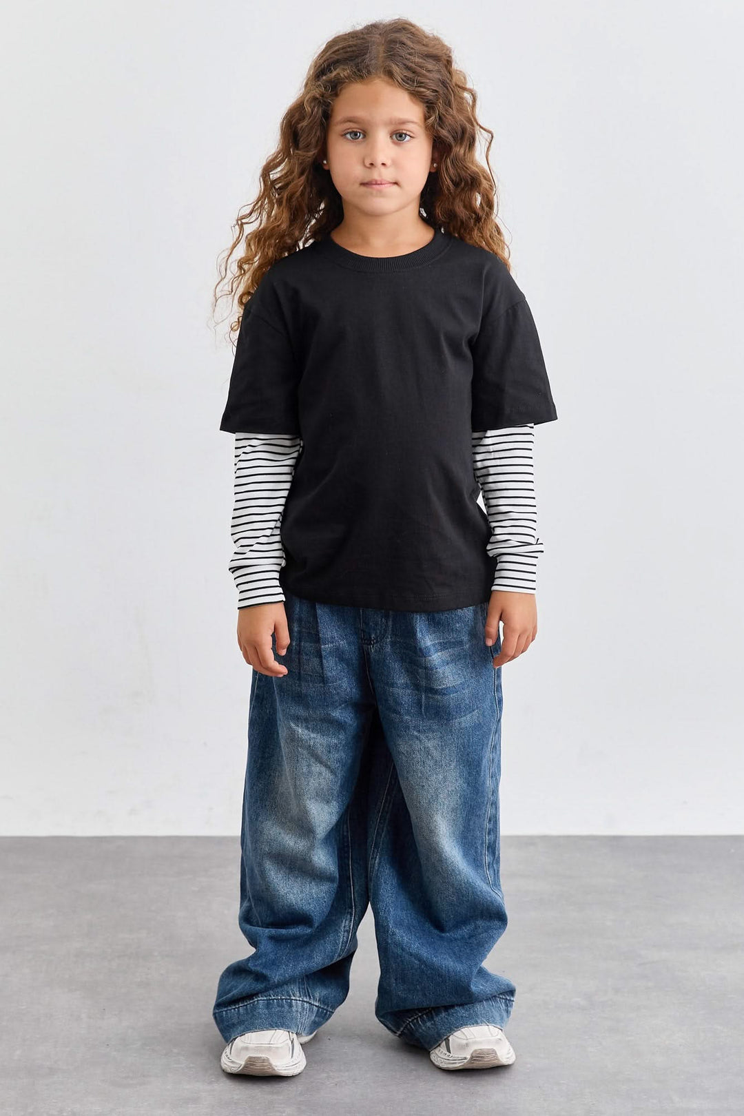 טי אוברסייז שרוולי סטרייפס | שחור