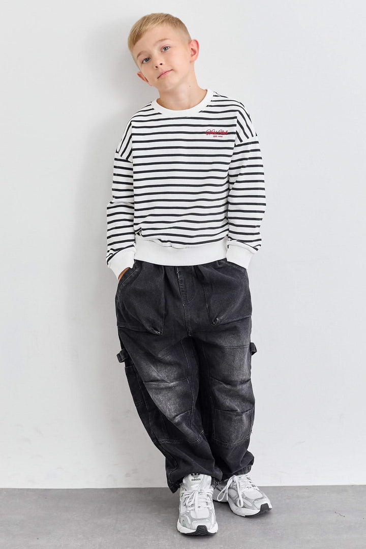 סווטשירט פסים אוברסייז  | לבן