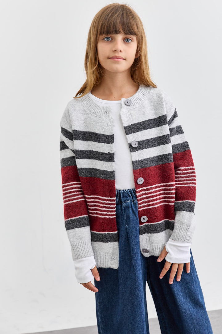 סריג סטרייפס סגירת כפתורים | אפור