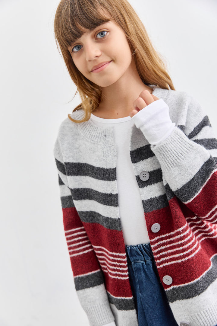 סריג סטרייפס סגירת כפתורים | אפור