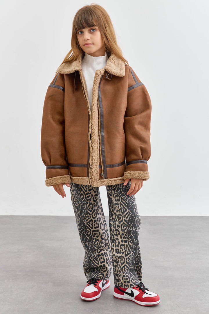 מעיל דמוי עור בשילוב פרווה | חום