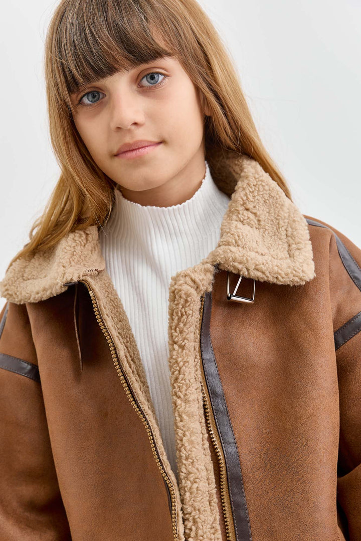 מעיל דמוי עור בשילוב פרווה | חום