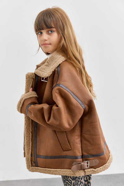 מעיל דמוי עור בשילוב פרווה | חום