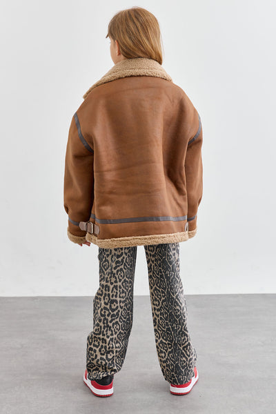 מעיל דמוי עור בשילוב פרווה | חום