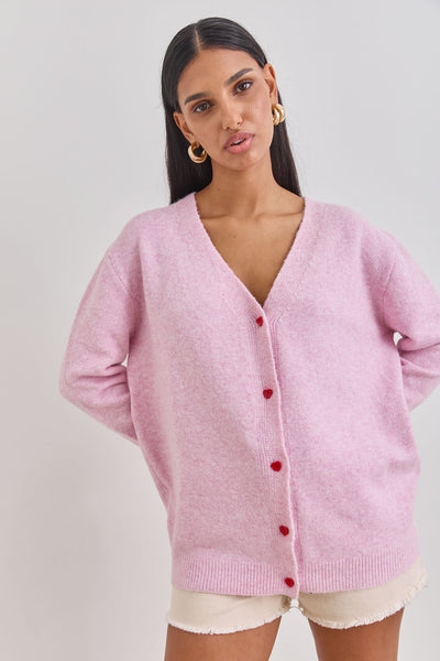 קרדיגן סריג קלואי כפתורי לב | ורוד