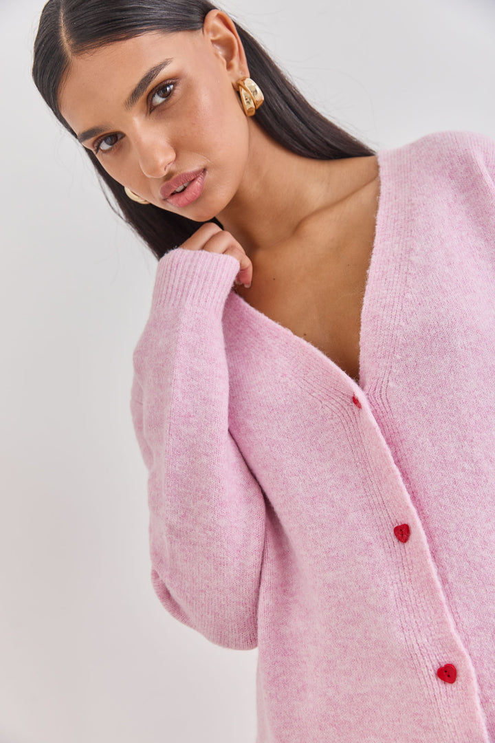קרדיגן סריג קלואי כפתורי לב | ורוד