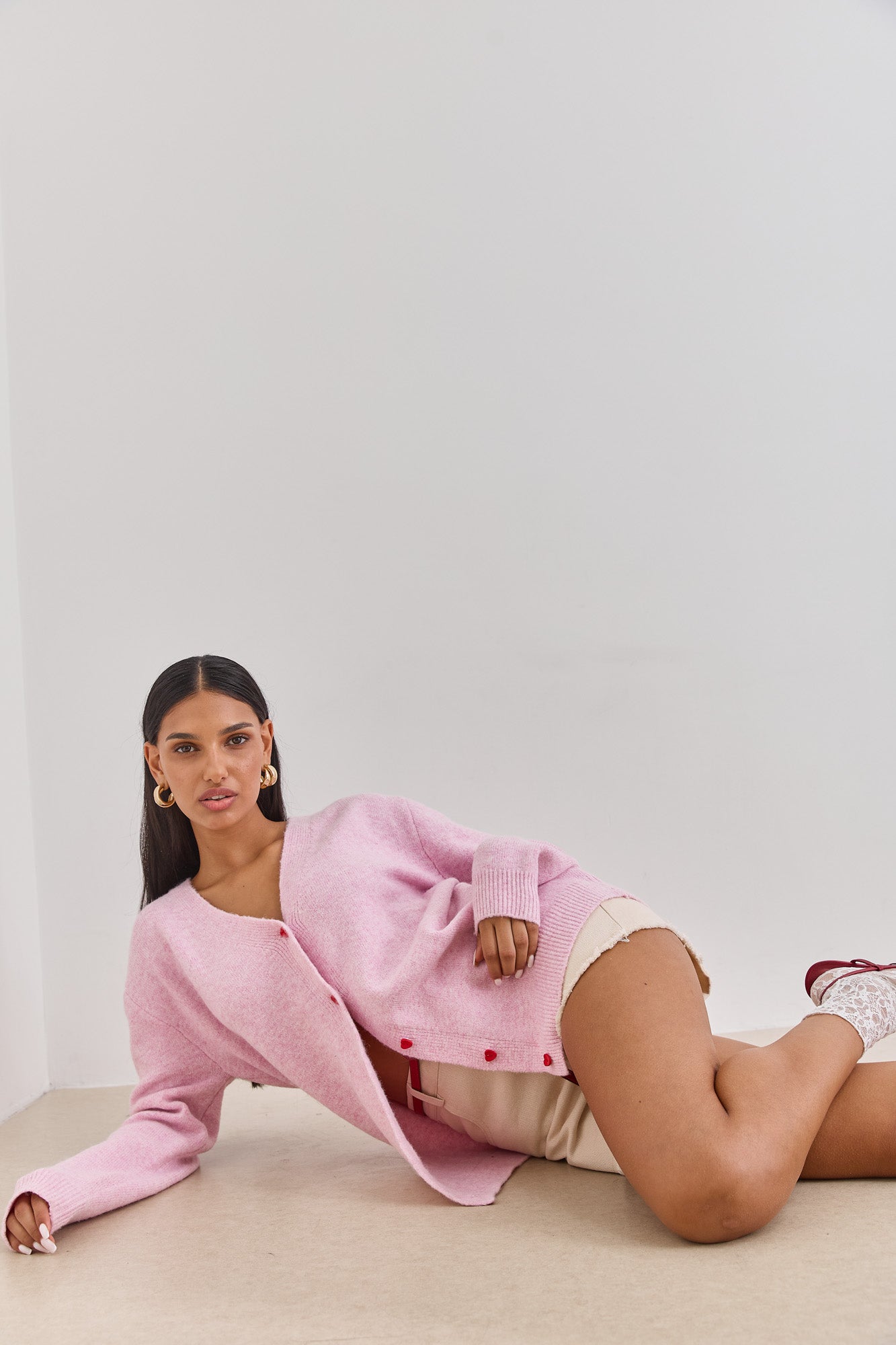 קרדיגן סריג קלואי כפתורי לב | ורוד