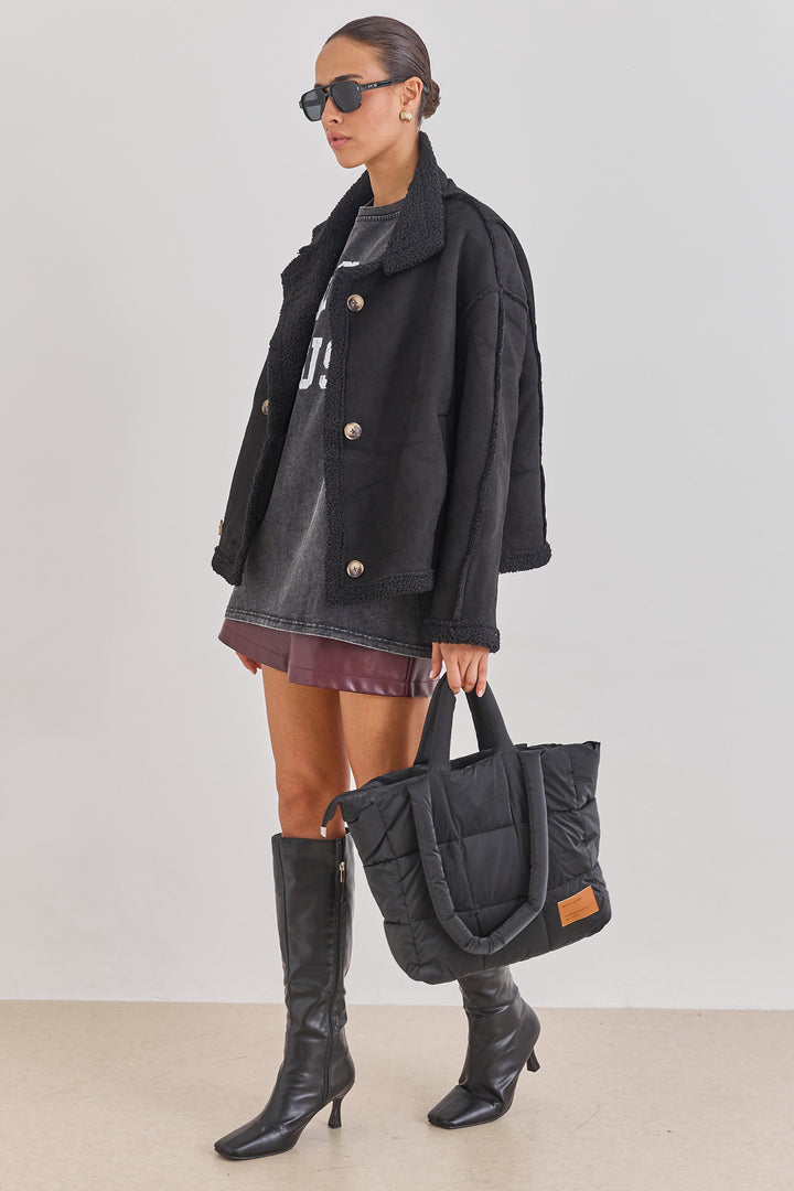 מעיל זמש בריג'יט בשילוב פרווה | שחור