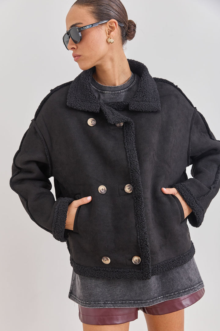 מעיל זמש בריג'יט בשילוב פרווה | שחור