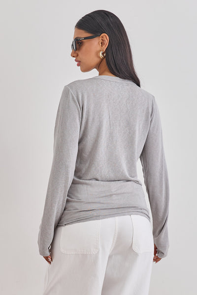 טי שירט זואי דמוי פשתן שרוול כפפה סיומת פרומה | אפור סילבר