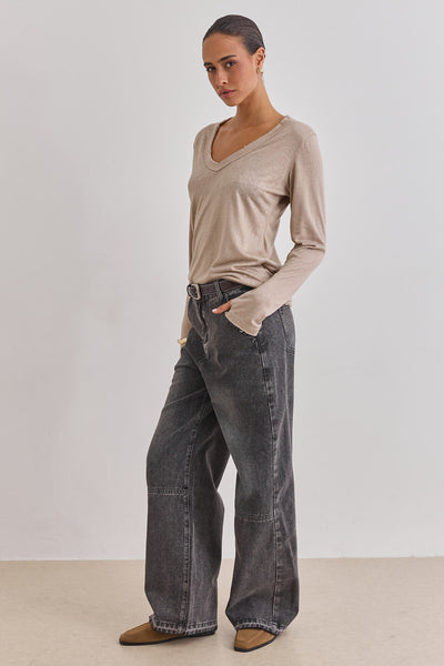 טי שירט זואי דמוי פשתן שרוול כפפה סיומת פרומה | בז'