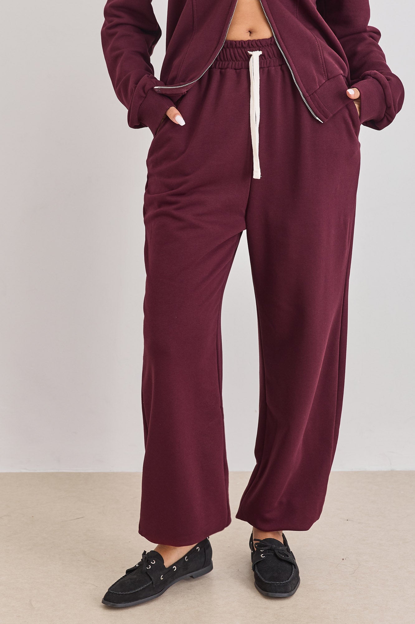 מכנסי טורי סיומת גומי בד פרנץ' טרי | בורדו