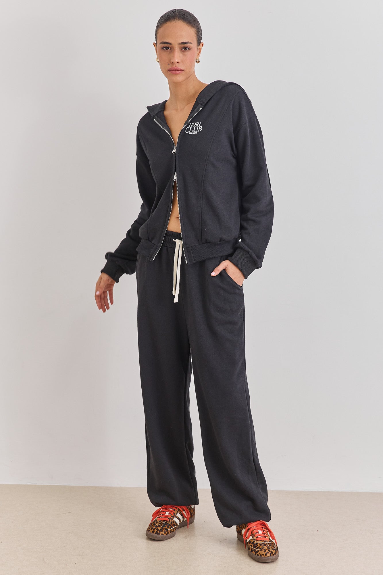 מכנסי טורי סיומת גומי בד פרנץ' טרי | שחור