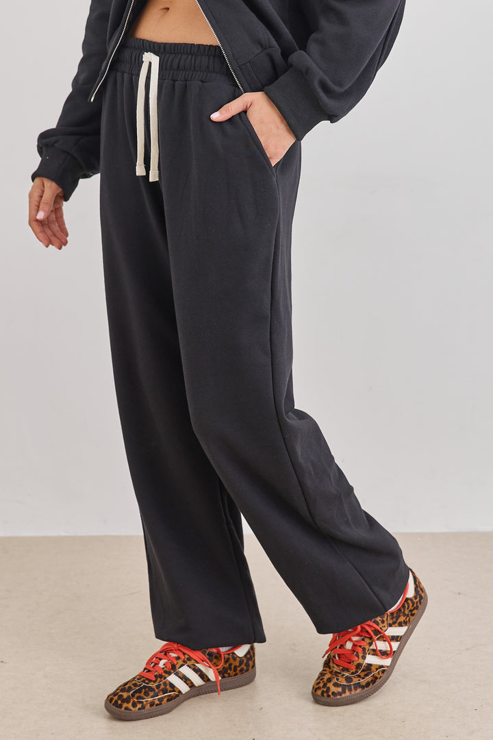 מכנסי טורי סיומת גומי בד פרנץ' טרי | שחור