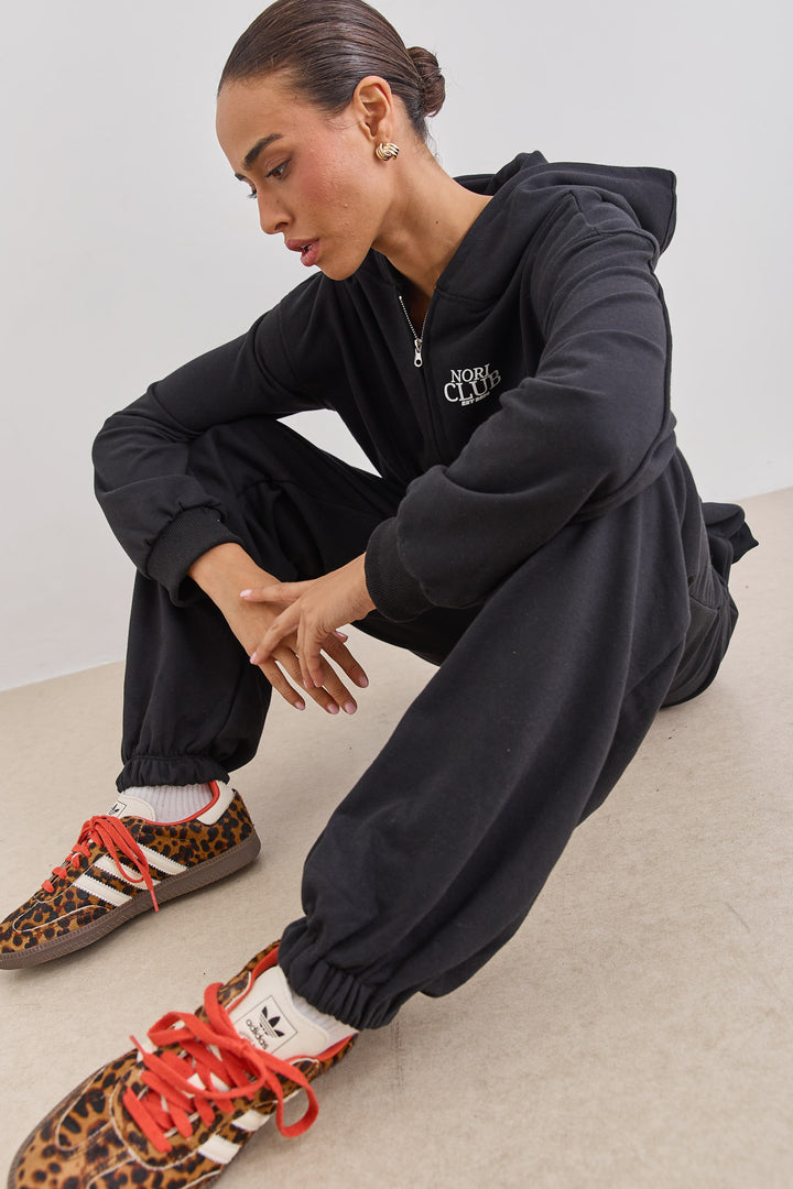 מכנסי טורי סיומת גומי בד פרנץ' טרי | שחור